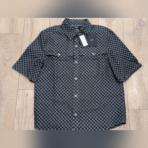 $1090 Mens BALMAIN Monogram Denim SS Button Up Shirt Black/White 50 US 40